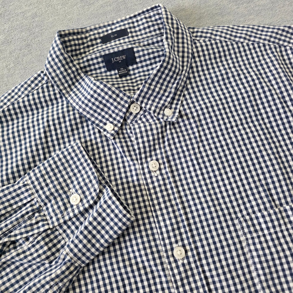 J. Crew Mens XL Slim Fit Gingham Button Down Shirt Navy Blue White Check Cotton